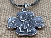 Sterling Silver St. Christopher Medal Pendant Necklace, Antique Replica, Shamrock Pendant, Patron Saint of Travelers, Patron Saint of Travel