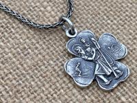 Sterling Silver St. Christopher Medal Pendant Necklace, Antique Replica, Shamrock Pendant, Patron Saint of Travelers, Patron Saint of Travel