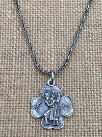 Sterling Silver St. Christopher Medal Pendant Necklace, Antique Replica, Shamrock Pendant, Patron Saint of Travelers, Patron Saint of Travel