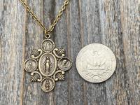 Antique Gold Miraculous Medal Pendant Necklace, 5-Way Marian Devotions Medallion, Antique Replica, Rare Blessed Virgin Mary Miraculous