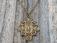 Antique Gold Miraculous Medal Pendant Necklace, 5-Way Marian Devotions Medallion, Antique Replica, Rare Blessed Virgin Mary Miraculous