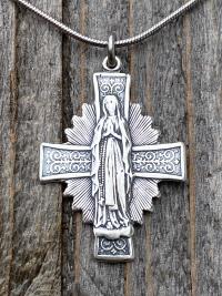 Sterling Silver Blessed Virgin Mary Medal Pendant Necklace, Antique Replica, Radiant Our Lady Medal, Our Lady of the Rosary Pendant, Cross