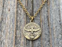 Antique Gold Come Holy Spirit Medal, Holy Ghost Pendant Necklace, Antique Replica, Sacred Heart of Jesus, Veni Sancte Spiritus Medal, VSS-1