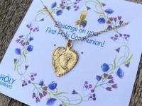 Gold First Communion Heart Pendant Necklace, Antique Replica French Medal, Chalice Flowers, Art Nouveau Medal, Holy Eucharist Heart Gift