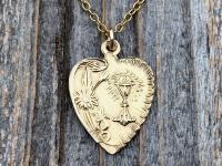 Gold First Communion Heart Pendant Necklace, Antique Replica French Medal, Chalice Flowers, Art Nouveau Medal, Holy Eucharist Heart Gift