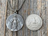 Sterling Silver Large French Miraculous Medallion, Antique Replica, Big Round Miraculous Medal, Miraculous Pendant Necklace, by OBC, France