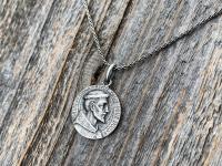 Sterling Silver St Francis of Assisi Medal Pendant Necklace, French Antique Replica, By L. Tricard, Saint Francois D'Assise Priez Pour Nous