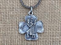 Sterling Silver St. Christopher Medal Pendant Necklace, Antique Replica, Shamrock Pendant, Patron Saint of Travelers, Patron Saint of Travel