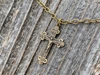 Antique Gold Small Crucifix Pendant Necklace, Antique Replica, Historic Reproduction, Petite Crucifix on a Textured Cable Chain Necklace