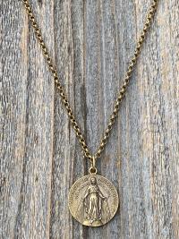 Antique Gold Large French Miraculous Medal, Antique Replica, Big Round Miraculous Medal, Gold Miraculous Pendant Necklace, by OBC, France