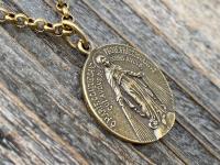 Antique Gold Large French Miraculous Medal, Antique Replica, Big Round Miraculous Medal, Gold Miraculous Pendant Necklace, by OBC, France