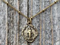 Antique Gold Small Miraculous Medal Pendant Necklace On Satellite Chain, Antique Replica, Art Nouveau, Blessed Virgin Mary Medal Pendant MM3