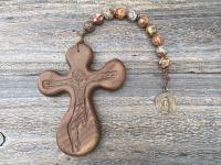 Large Single Decade Rosary, Walnut hand-carved Crucifix Comfort Cross, Miraculous Medal, Birds Eye Rhyolite Gemstones, ByRon Palm Cross