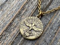 Antique Gold Come Holy Spirit Medal, Holy Ghost Pendant Necklace, Antique Replica, Sacred Heart of Jesus, Veni Sancte Spiritus Medal, VSS-1