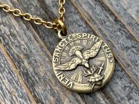 Antique Gold Come Holy Spirit Medal, Holy Ghost Pendant Necklace, Antique Replica, Sacred Heart of Jesus, Veni Sancte Spiritus Medal, VSS-1