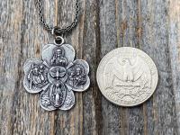 Sterling Silver Large Shamrock 4-Way Medal Pendant Necklace, Antique Replica, 5-Way Medal, Miraculous Medal, Sacred Heart of Jesus Medal