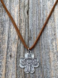 Sterling Silver Large Shamrock 4-Way Medal Pendant Necklace, Antique Replica, 5-Way Medal, Miraculous Medal, Sacred Heart of Jesus Medal
