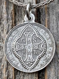 Sterling Silver Small French St Benedict Medal Pendant Necklace, Antique Replica, Crux Sancti Patris Benedicti, Holy Father Saint Benedict