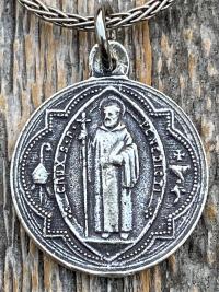 Sterling Silver Small French St Benedict Medal Pendant Necklace, Antique Replica, Crux Sancti Patris Benedicti, Holy Father Saint Benedict