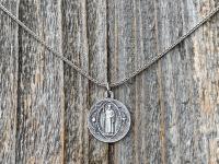 Sterling Silver Small French St Benedict Medal Pendant Necklace, Antique Replica, Crux Sancti Patris Benedicti, Holy Father Saint Benedict