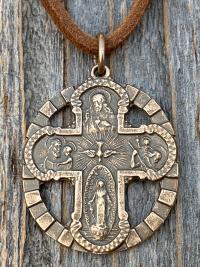 Antique Replica Bronze Five 5 Way Medal Pendant, Leather or Chain, 5-Way Scapular 4-Way, 4 Way Cross, Unisex, Sacred Heart, Miraculous Medal