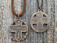 Antique Replica Bronze Five 5 Way Medal Pendant, Leather or Chain, 5-Way Scapular 4-Way, 4 Way Cross, Unisex, Sacred Heart, Miraculous Medal