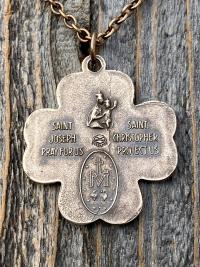 Antique Replica Bronze Large Shamrock 4-Way Medal Pendant, Leather or Chain, 5-Way Medal, Miraculous Medal, Sacred Heart of Jesus Medal