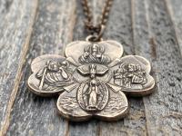 Antique Replica Bronze Large Shamrock 4-Way Medal Pendant, Leather or Chain, 5-Way Medal, Miraculous Medal, Sacred Heart of Jesus Medal