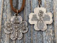 Antique Replica Bronze Large Shamrock 4-Way Medal Pendant, Leather or Chain, 5-Way Medal, Miraculous Medal, Sacred Heart of Jesus Medal