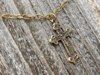 Antique Gold Small Crucifix Pendant Necklace, Antique Replica, Historic Reproduction, Petite Crucifix on a Textured Cable Chain Necklace