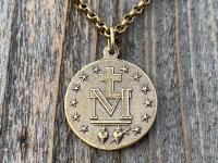 Antique Gold Large French Miraculous Medal, Antique Replica, Big Round Miraculous Medal, Gold Miraculous Pendant Necklace, by OBC, France