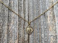 Antique Gold Small Miraculous Medal Pendant Necklace On Satellite Chain, Antique Replica, Art Nouveau, Blessed Virgin Mary Medal Pendant MM3