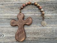 Large Single Decade Rosary, Walnut hand-carved Crucifix Comfort Cross, Miraculous Medal, Birds Eye Rhyolite Gemstones, ByRon Palm Cross