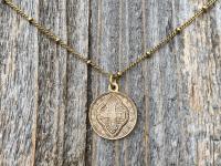 Antique Gold Small French St Benedict Medal Pendant Necklace, Antique Replica, Crux Sancti Patris Benedicti, Holy Father Saint Benedict