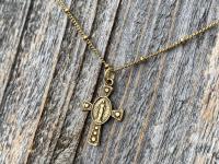 Antique Gold Miraculous Medal Cross Pendant on Satellite Chain Necklace, Antique Replica, Blessed Virgin Mary, Small Miraculous Medal Cross