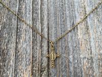 Antique Gold Miraculous Medal Cross Pendant on Satellite Chain Necklace, Antique Replica, Blessed Virgin Mary, Small Miraculous Medal Cross