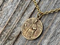 Antiqued Gold St. Dymphna Medal, Saint Dymphna Pendant, St Dymphna Necklace, Antique Replica, Patron Saint of Anxiety, Saint of Dementia