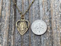 Antique Gold Blessed Virgin Mary Heart Pendant on Satellite Chain Necklace, Antique Replica, Our Lady of Lourdes Medal, Marian Heart Pendant