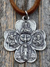 Sterling Silver Large Shamrock 4-Way Medal Pendant Necklace, Antique Replica, 5-Way Medal, Miraculous Medal, Sacred Heart of Jesus Medal