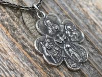 Sterling Silver Large Shamrock 4-Way Medal Pendant Necklace, Antique Replica, 5-Way Medal, Miraculous Medal, Sacred Heart of Jesus Medal