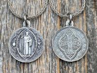 Sterling Silver Small French St Benedict Medal Pendant Necklace, Antique Replica, Crux Sancti Patris Benedicti, Holy Father Saint Benedict