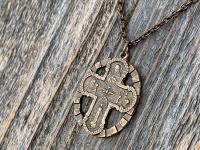 Antique Replica Bronze Five 5 Way Medal Pendant, Leather or Chain, 5-Way Scapular 4-Way, 4 Way Cross, Unisex, Sacred Heart, Miraculous Medal