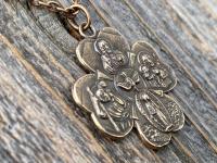 Antique Replica Bronze Large Shamrock 4-Way Medal Pendant, Leather or Chain, 5-Way Medal, Miraculous Medal, Sacred Heart of Jesus Medal