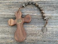 Large Single Decade Rosary, Walnut hand-carved Comfort Cross, Miraculous Medal, Turritella Agate Gemstones, ByRon Palm Cross, Face of Jesus