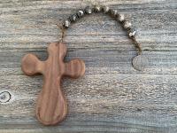 Large Single Decade Rosary, Walnut hand-carved Comfort Cross, Miraculous Medal, Turritella Agate Gemstones, ByRon Palm Cross, Face of Jesus