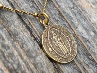 Antique Gold Small French St Benedict Medal Pendant Necklace, Antique Replica, Crux Sancti Patris Benedicti, Holy Father Saint Benedict