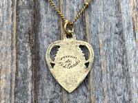 Antique Gold Blessed Virgin Mary Heart Pendant on Satellite Chain Necklace, Antique Replica, Our Lady of Lourdes Medal, Marian Heart Pendant