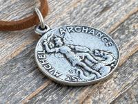 Silver Pewter St Michael French Medal Necklace, Antique Replica, Saint Michael the Archangel, St Michel, Protection against the devil Satan