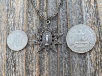 Sterling Silver Sun Shaped Miraculous Medal Necklace, Antique Replica, Our Lady of Miracles, Blessed Virgin Mary, Our Lady of the Miracle