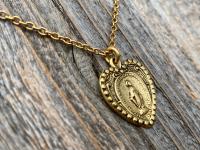 Antique Gold Heart Shaped Miraculous Medal Pendant Necklace, Antique Replica, Heart Miraculous Medal, Blessed Virgin Mary Pendant M4